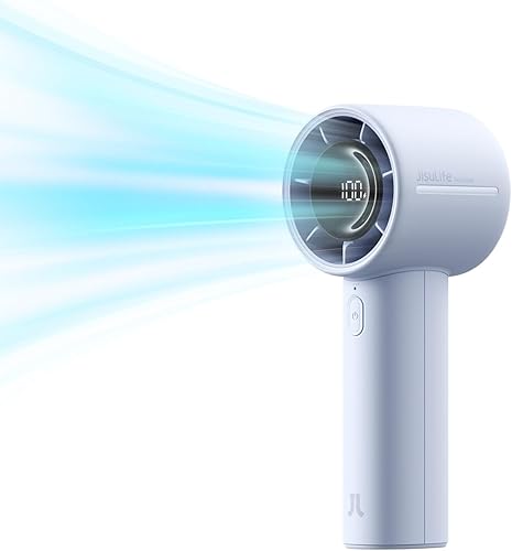 JISULIFE Ventilador turbo de mano, ventiladores portátiles recargables de 5000 mAh, hasta 28 horas de refrigeración, viento fuerte de 5 velocidades,