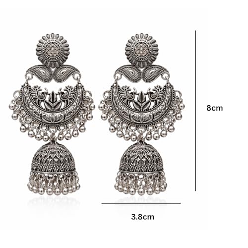 Image of I Jewels Traditional Oxidized Chandbali Jhumka Earrings with Floral and Leaf Motif for Women (E3469OX)