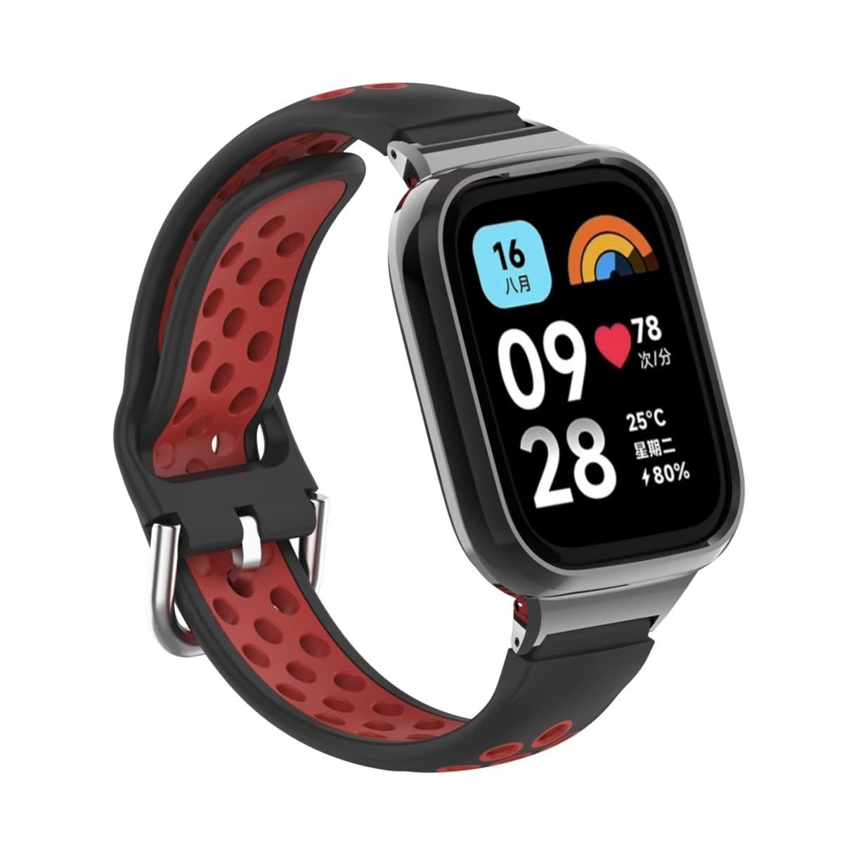 T-BLUER Strap Compatible with Xiaomi Redmi Watch 3 Active,Silicone Breathable two-color Watch Band Stainless Steel Metal Protective Frame Bracelet Accessories for Redmi Watch 3 Active Black Red - Image 2