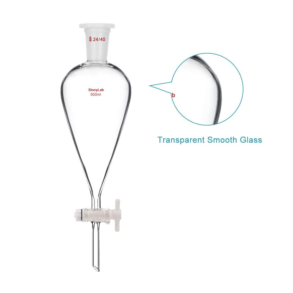 StonyLab 500 ml Entonnoir Séparateur à Paroi épaisse en Verre Borosilicaté, Separatory Funnel avec Joints 24/40 et Robinet en PTFE - 500 mL