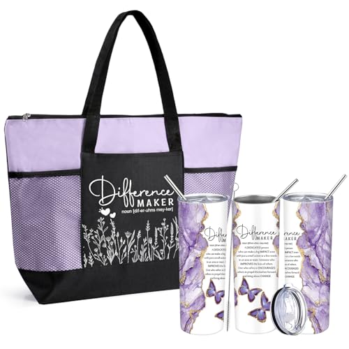 Buryeah 2 Pcs Employee Appreciation Gifts Difference Maker Gifts for Women Thank You Tote Bag & Tumbler for Coworker(Light Purple)