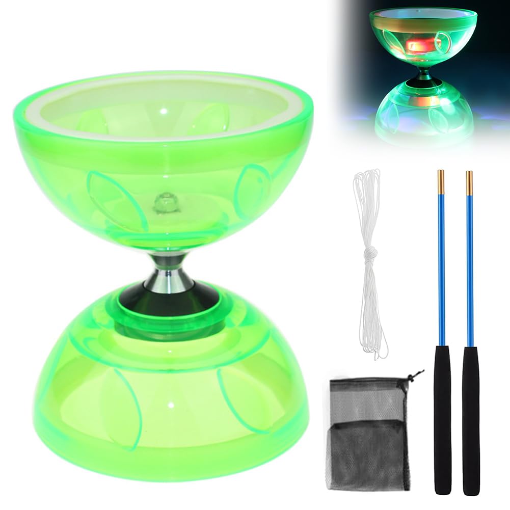 LED Diabolo Freiläufer mit Kugellager Diabolo Leuchtend im Dunkeln,4Farben Licht Diablo Jonglier Set,Dreifache Lagerung Set für Kinder Erwachsene,Anfänger Profis Freilauf Zirkus Jonglierspielzeug,Grün