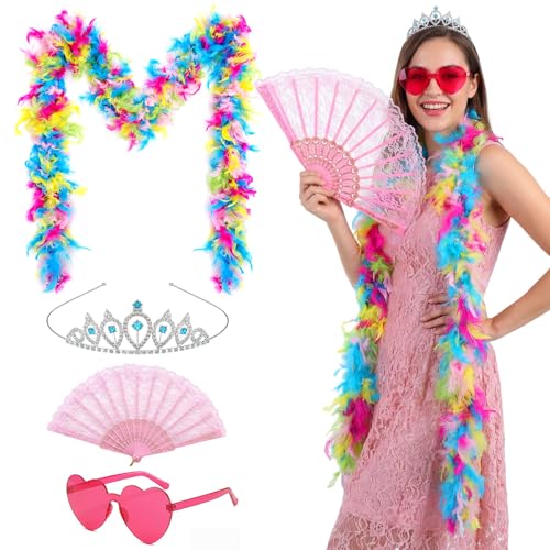 Rivvlive 4 Pcs Feather Boas Princess Costume Accessories for Women Heart Sunglasses Crown Lace Fan for Wedding Tea(Multicolor)