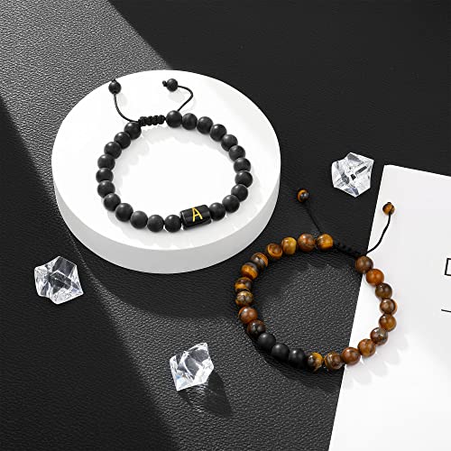 Luxejew Mens Gifts Ideas Mens Bracelet, Natural Matte Agate Tiger Eye Stone Mens Initial Bracelets Gifts For Men Adjustable Mens Initial Beaded Bracelets Gifts For Men Women Boys（K） #TOP6