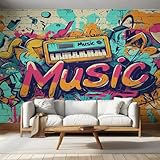 Générique Papier Peint Panoramique Graffiti Coloré Musique   Papier Peint Street Art Hip Hop   Deco Chambre Salon   Fresque Murale   Wallpaper   200x140 cm D51
