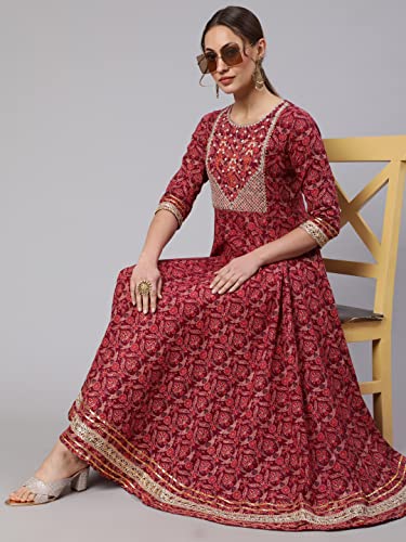 Image of Women Cotton Embroidered Printed Round Neck 3 /4 Sleeve Flared Kurta