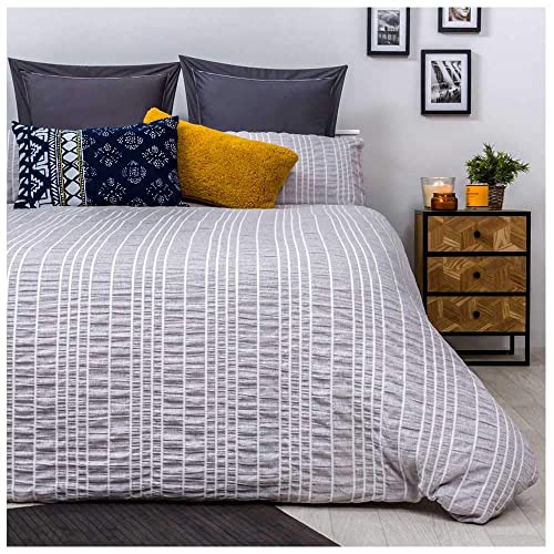 COTTON ARTean Funda Nórdica Cama 135 Seersucker Gris Funda edredón 220 x 220 + 1 funda almohada Tejido Bambula. Cierre con Cremallera