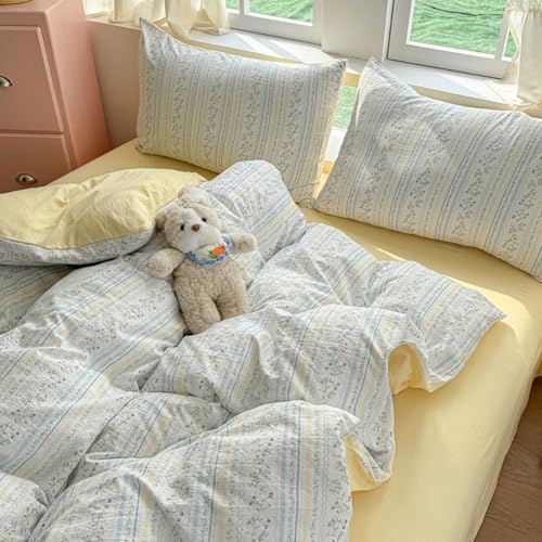 Covebett Duvet Cover Sets Double Size Blue Yellow Flowers Floral Striped Reversible Microfibre Bedding Set Botanical Aesthetic Girls Quilt Cover 200x200 with Zipper Closure and 2 Pillowcase 50x75 cm - Image 5