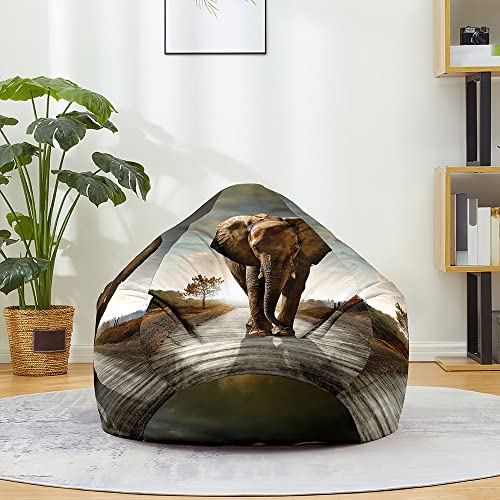 Hiseng Funda de puf, Sillón de Pera sin Relleno,Sofa Puff Gaming Salon Funda Moderno Sin Relleno para Niños y Adultos, Bean Bag para Salón, Dormitorio y Sala de Juegos (Patrón de Elefante 1,90x110cm)