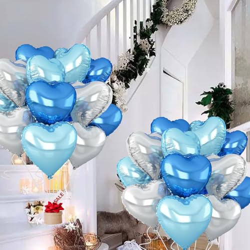 Image of Silver Heart Balloons,18inch Bright Blue Heart Shaped Foil Balloons & Blue Helium Mylar Balloon for Anniversary Wedding Engagement Birthday Party Baby Shower Decorations(12Pcs)