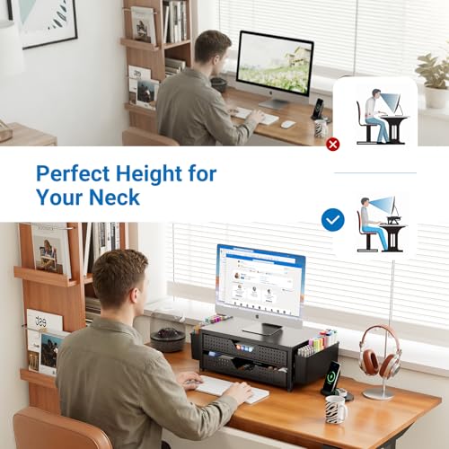 Image of OPNICE Computer Monitor Stand Riser with 2 Drawers & 2 Pen Holders, Desk Organizer for Office Supplies, Laptop Stand for Desk, Workspace Desk Organizers and Accessories for Home Office, Black