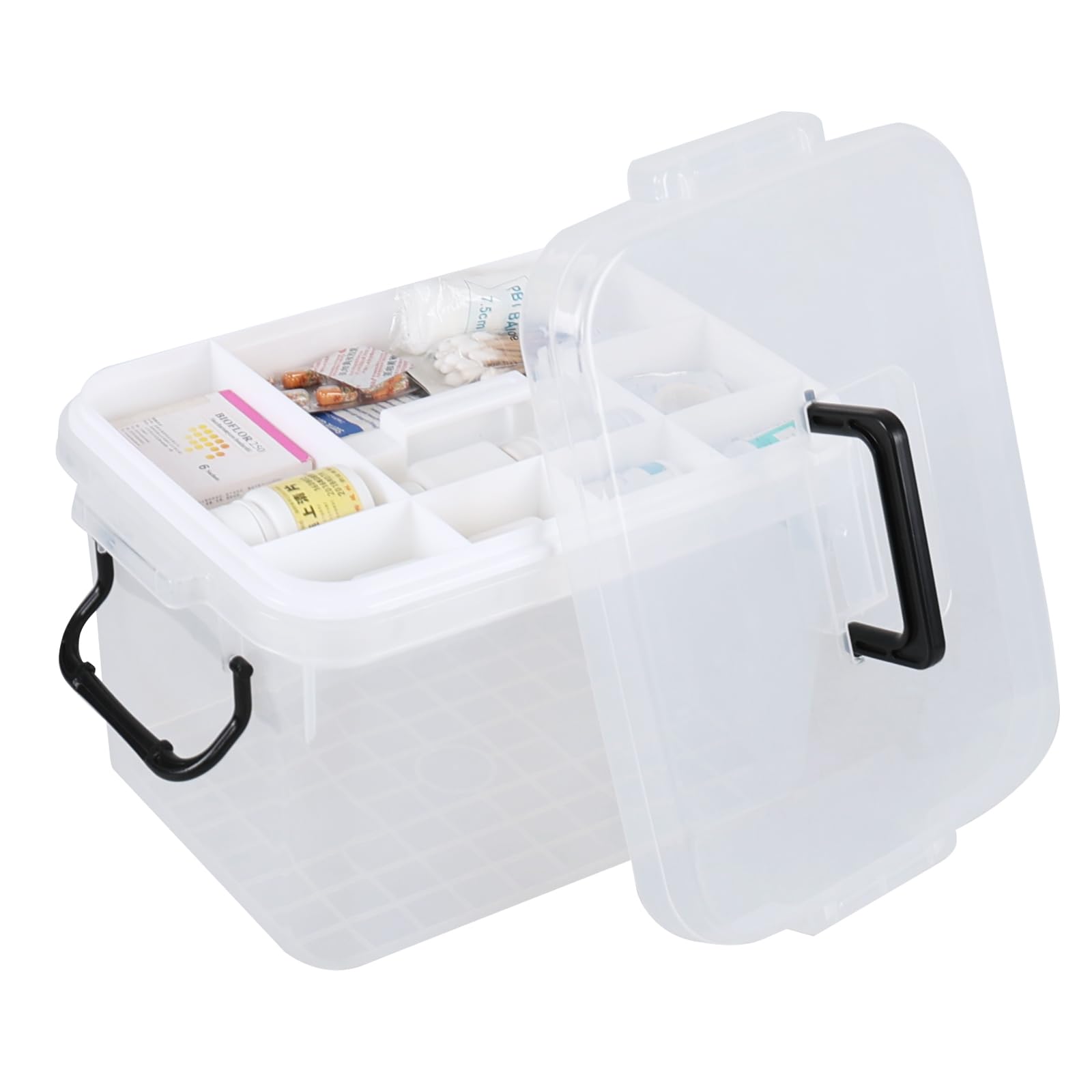Boîte de premiers secours en plastique transparent avec compartiment amovible