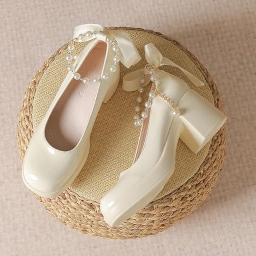 Women's Patent Leather Ribbon Bow Chunky Heel Pumps with Pearl Ankle Strap Fashion Round Toe Shallow Mouth High Block Heels Comfortable Casual Business Wedding Dress Shoes3
