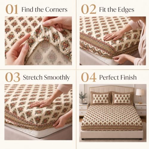 Image of VAS COLLECTIONS 240 TC Premium Double Bed Fitted Bedsheet, Soft Comfortable Stretchable Mattress Sheet with Elastic Fitted Corners, Durable Easy Care, 72 x 72 + 10 Inches (183x183+25 cm) - Light Sand