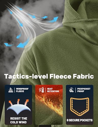 TACVASEN Herren Fleecejacke Military Outdoor Winddichte Jacke mit Kapuze- Gr. L, Grün