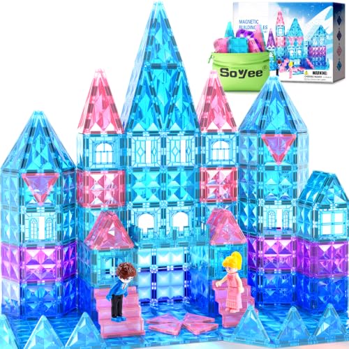 Magnetic Tiles 102pcs with 2 Stairs 2 Dolls Princess Castle Building Girls Toys Age 4-5 6-8 Magnetic Blocks Birthday Xmas Gifts for Girls Toys for 3 4 5 6 7 8+ Year Old