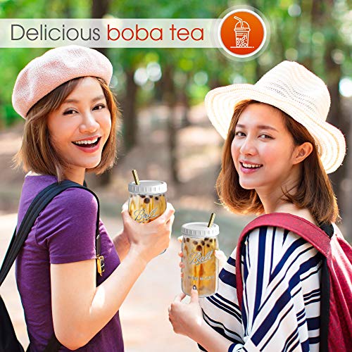 Reusable Wide Mouth Smoothie Cups Boba Tea Cups Bubble Tea Cups With Lids And Gold Straws Mason Jars Glass Cups (2-Pack, 32 Oz Mason Jars) #TOP7