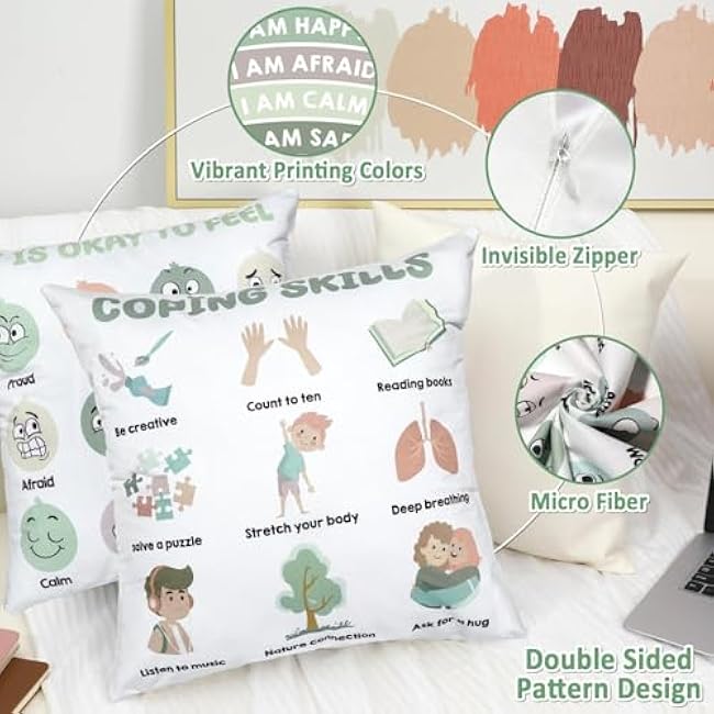 2Pcs Feelings Pillow Covers 18in Classroom Must Haves Calming Corner Item Mental Health Throw Pillowcase Kids Home Preschool Decorations Counselor Office Sensory Reading Room Calm Down Corner Supplies
