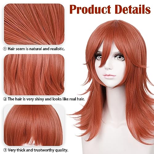 Image of LABEAUTE Anime Dark Orange Wig for Girls Women Cosplay Wig Long Curly Cosplay Wig with Bangs for CSM + Cap
