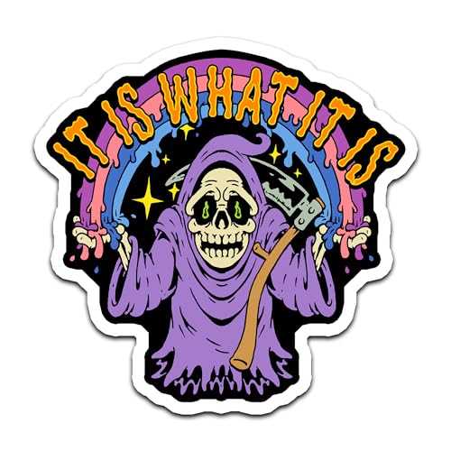 4' Pastel Goth Grim Reaper Rainbow Sticker Grim Reaper It is What It is Dripping Sticker, Waterproof Vinyl Sticker for Car, Auto, Water Bottles, Phone Case, or Laptop Decal