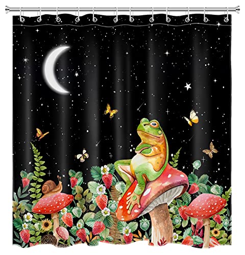 Meunear Mushroom Strawberry Shower Curtain Funny Frog Floral Butterfly Shower Curtain Botanical Plant Flowers Moon And Stars Aesthetic Shower Curtain For Bathroom Fabric Durable 12 Hooks 72X72Inches #TOP1