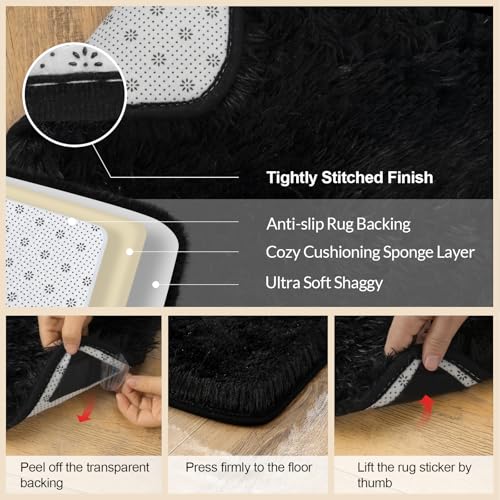 5x7 Rugs for Living Room, Black Large Fluffy Area Rugs for Bedroom, Soft Carpet Shag Kids Rug with 4 Non-Slip Rug Pads(5ft x 7ft, Black)