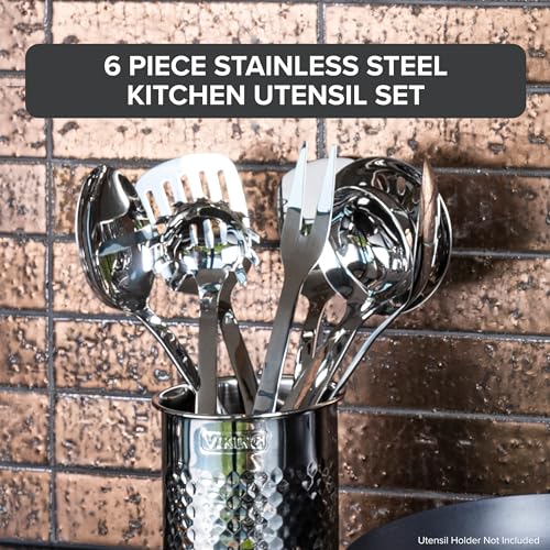 Image of Viking Kitchen Utensils Set, 6 Piece Stainless Steel Cooking Utensil Set, Includes Spatulas, Spoons, Pasta Fork, and Deep Ladle, Hollow Forged, Silver