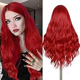 Fancy Hair Long Red Wavy Wigs for Women Curly Middle Part Red Wig Natural Looking Synthetic Heat Resistant Fiber Wigs Hair for Daily Party Use Cosplay Ariel Halloween