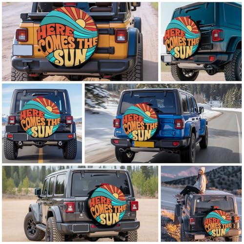 Image of GENANY Hippie Here Comes The Sun Size 18 Premium PVC Leather Spare Tire Cover, Universal Fit for RV Jeep Camper Trailer, Dustproof, Waterproof Jeep Tire Cover with No Camera Hole, Spring Car Decor