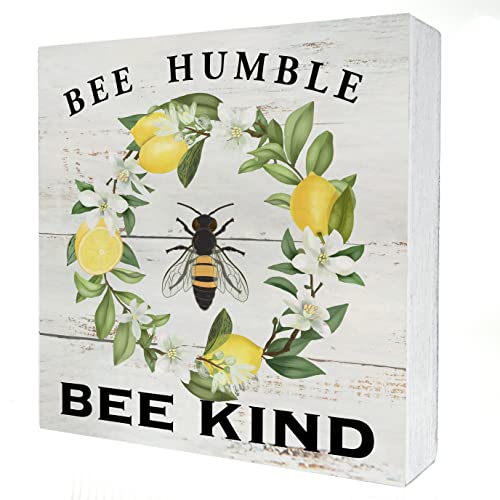 Farmhouse Bee Humble Bee Kind Lemon Wooden Box Sign Desk Decor Country Bumblebee Wood Block Plaque Box Sign for Home Living Room Shelf Table Decoration 5 X 5 Inch