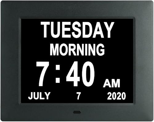 SSINI Reloj digital con fecha y día de la semana con 8 opciones de alarmas, función AMPM, calendario de día y mes no abreviado perfecto para