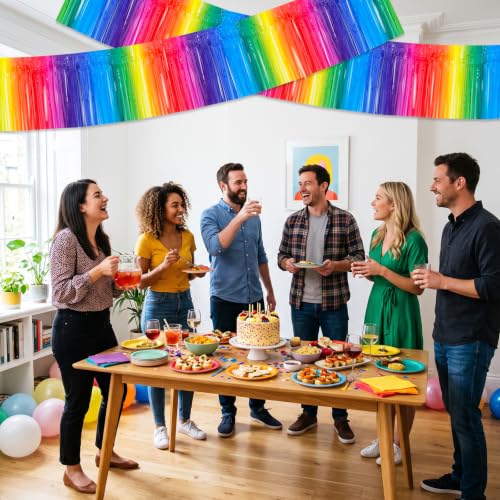 Image of BEISHIDA 3 Pack Deep Macaron Rainbow Foil Fringe Garland Wall Tinsel Banner