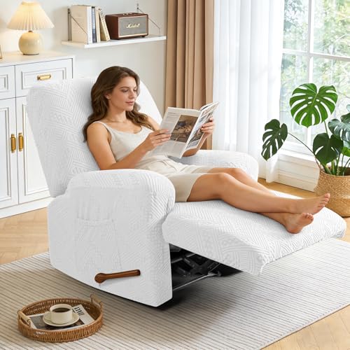 Image of Ruaozz Recliner Sofa Covers Oversized Recliner Chair Covers Recliner Covers for Reclining Chair with Pockets Washable Furniture Protector with Elastic Bottom (1 Seater-X Large, Ivory)