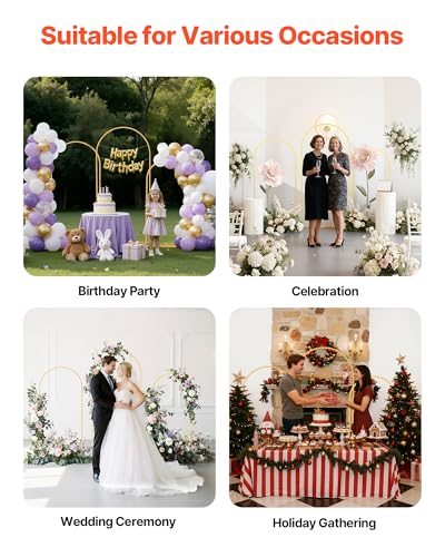 Image of VEVOR Arch Backdrop Stand, Set of 3, 6 /5 /4 ft, Stable Structure, Easy Assembly, Gold Metal Arch Backdrop Stand for Wedding, Birthday Party, Graduation, Holiday Celebration, and Ceremony Decoration