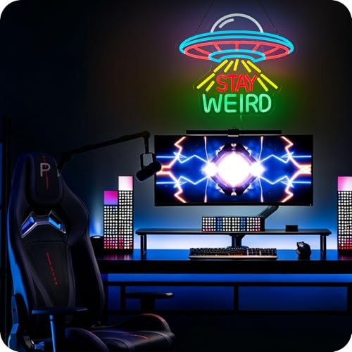 Image of Stay Weird Neon Sign Alien UFO Tractor Beam LED Lights for Wall Decor | USB Powered Alien UFO Decor for Farmhouse Bedroom Porch Game Room Man Cave Kids Gift