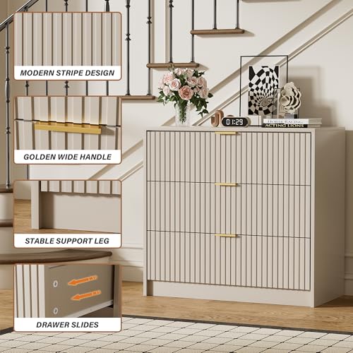Image of Furniway 31.5 inch Large Nightstand with 3 Drawers, Fluted Bedside Table, Modern Tall End Table with Storage, Wood Night Stand Organizer Cabinet for Bedroom, Beige