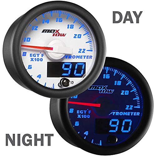 Maxtow Double Vision 2200 F Pyrometer Exhaust Gas Temperature Egt Gauge Kit - Includes Type K Probe - White Gauge Face - Blue Led Dial - Analog & Digital Readouts - For Gas Trucks - 2-1/16" 52Mm #TOP4