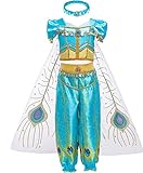 LOBTY Niña Aladdin Princesa Jasmine Disfraz Tops Pantalones Manga Corta Traje Cosplay Actuación Carnaval Navidad Regalo Cumpleaños Danza Vientre Vestido de Princesa 3-10Años