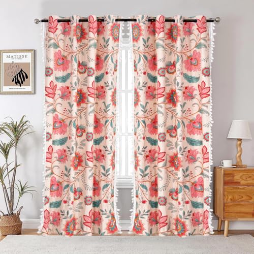 Image of Amazon Brand - Umi Bohemian Curtains for Door, Microfiber Cotton Curtain 7 Feet Long Pack of 2 Curtain with Tassels,Eyelets Included, 40-60% Room Darkening