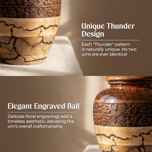 Image of Wooden Urns for Human Ashes - 80 lb Black Thunderstorm Pattern Cremation Urn, Decorative Burial Container for Ashes Adult Male or Female Memorial Display