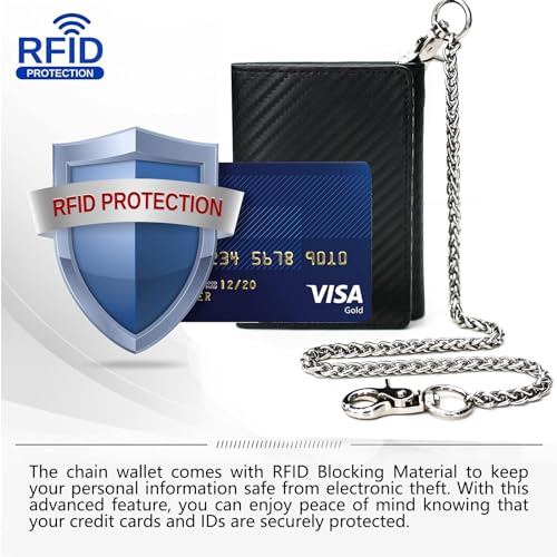 boshiho Real Leather RFID Blocking Bifold Wallets for Men Double Zipper Coin Pocket Purse with Anti-Theft Chain3