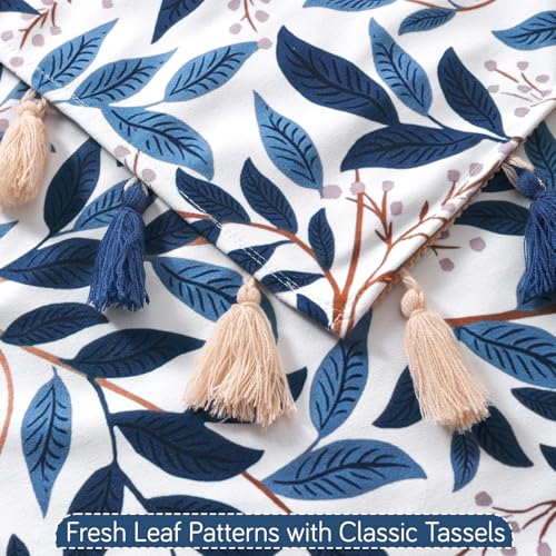 Image of HOKIPO Printed Holland Velvet Sofa Cover with Tassels for 1 Seater Sofa | Full Protection for Sofa Seat and Back | 'Whispers of Nature' (160x60 cm), Indigo Foliage (IN-1125-D10)