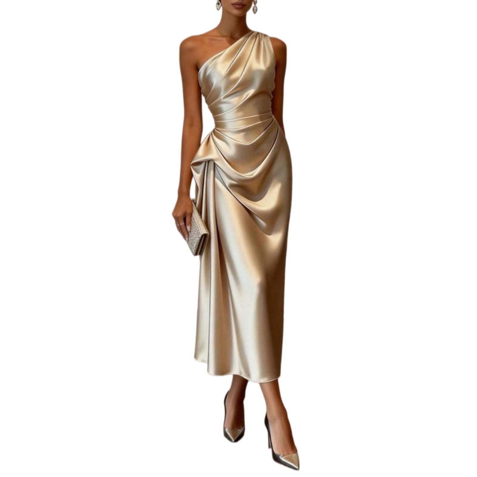 Vestito Donna Una Spalla Raso Midi Abito Elegante di Festa Senza Maniche con La Vita Stretched, da Cocktail Serale Formale-Beige-l