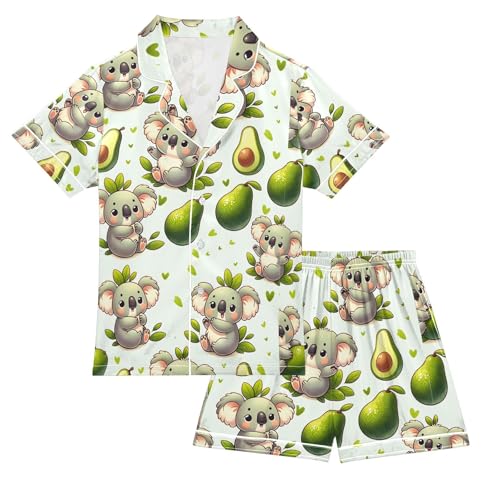 ALAZA Cartoon Koala Avocado Leaf Pajamas Satin Pajama Set Short Sleeve Button Down Sleepwear