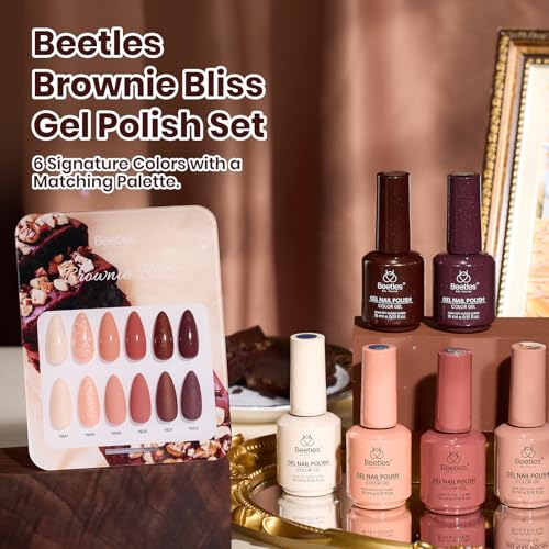 Image of Beetles Brown Gel Polish Set - Brownie Bliss 6 Colors Nude Beige Taupe Cocoa & Rose Gold Pearl Shimmer Gel Nail Polish, Soak Off UV Led Lamp Needed Manicure DIY Salon Home Gifts for Women