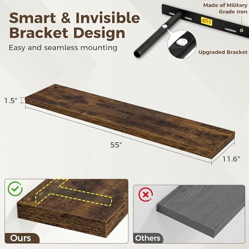 Image of Fun Memories 12 Deep Floating Shelves for Wall, 55W x 12D Extra Large Floating Shelves Set of 2, Hanging Wood Wall Shelves for Living Room, Kitchen, Bedroom, Farmhouse, Laundry Room, Office - Brown