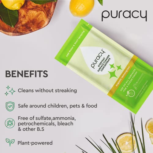 Puracy Everyday Surface Cleaner Concentrate Packettes, Makes 32 Ounces Of Streak-Free Natural Household Multi-Surface Cleaner, Plastic-Free, Nontoxic, Organic Lemongrass, 2-Pack (Makes 32 Fl Oz) #TOP4