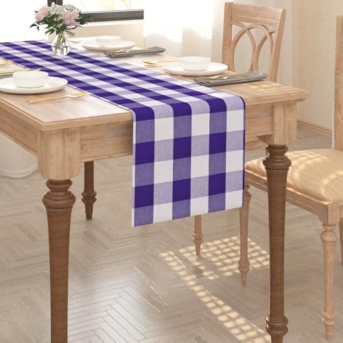 Purple & White 2 Side Buffalo Check Farmhouse Table Runner for Family Dinners or Gatherings Indoor or Outdoor Parties Everyday Use 12" x 90"