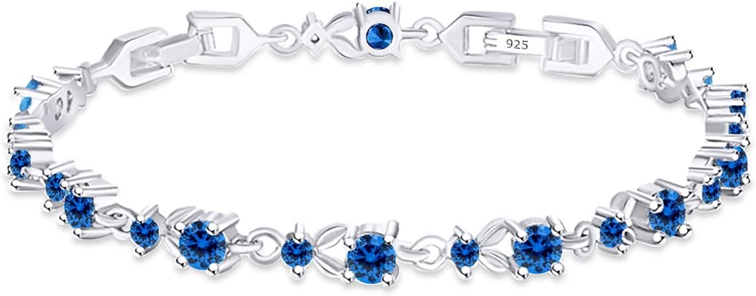 AFFY Round Cut Simulated Birthstone Leaf Shape Tennis Bracelet Gemstones Link Bracelet For Women In 14k White Gold Plated 925 Sterling Silver Jewelry Gift For Her