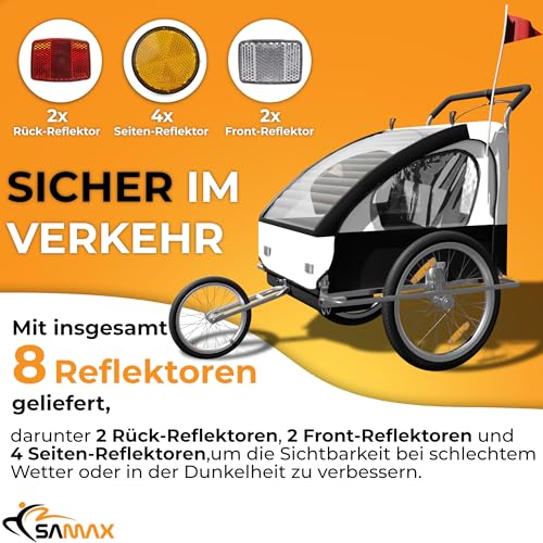 SAMAX Fahrradanhänger Jogger 2in1 Kinderanhänger Kinderfahrradanhänger Transportwagen vollgefederte Hinterachse für 2 Kinder in Weiß/Schwarz - Silver Frame